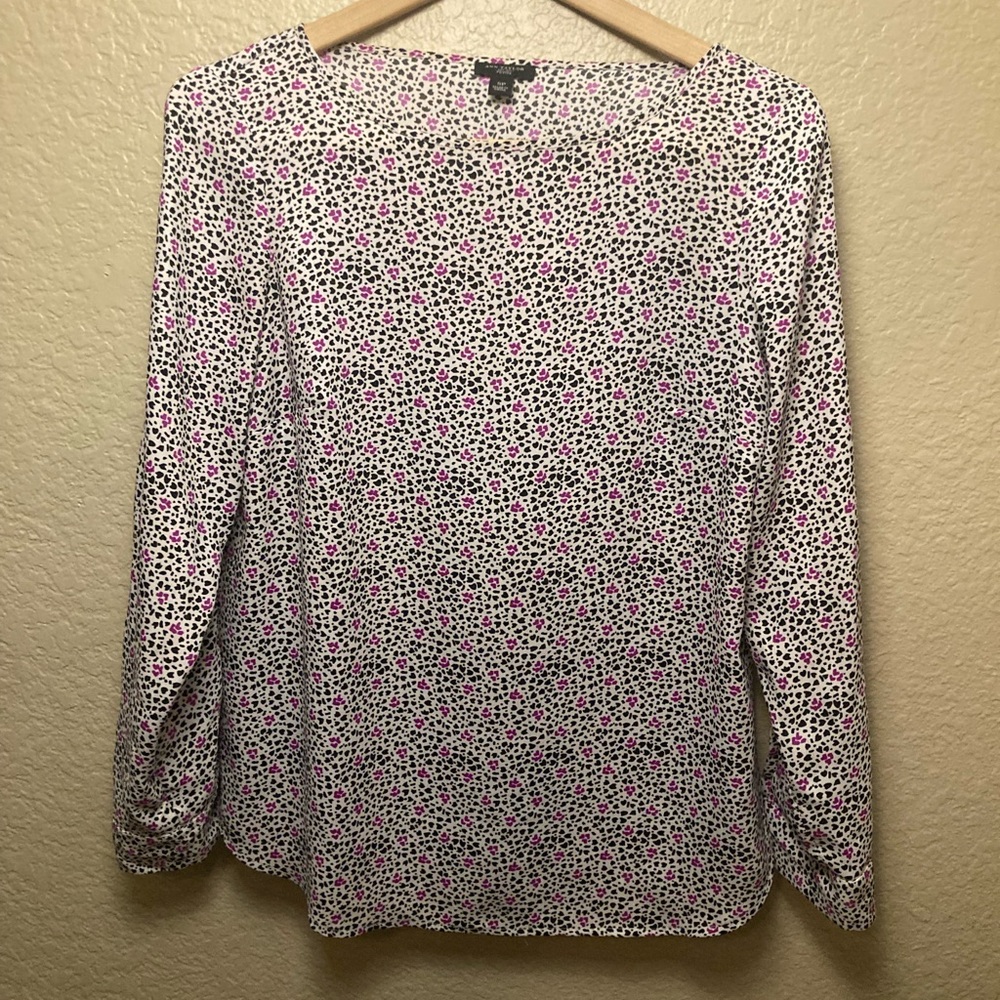 Ann Taylor Black and Pink Patterned Round Neck Long Sleeve Blouse